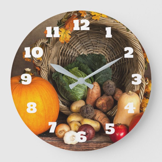 Rustic Thanksgiving Bord Bountiful Harvest Stor Klocka (Framsida)
