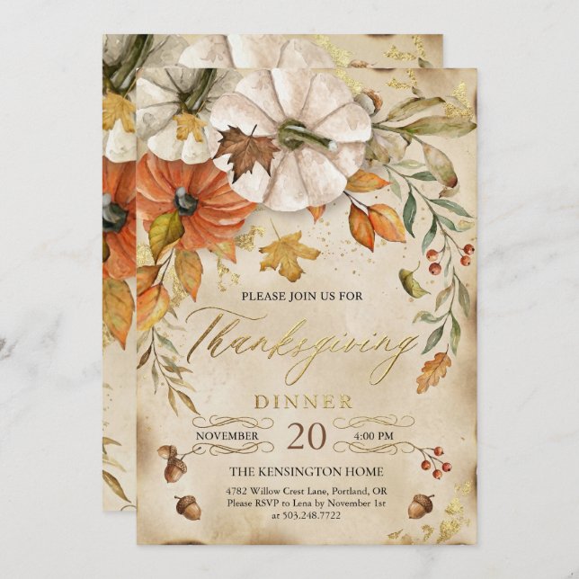 Rustic Thanksgiving Dinner Pumpkin Invitation Inbjudningar (Fram/baksida)