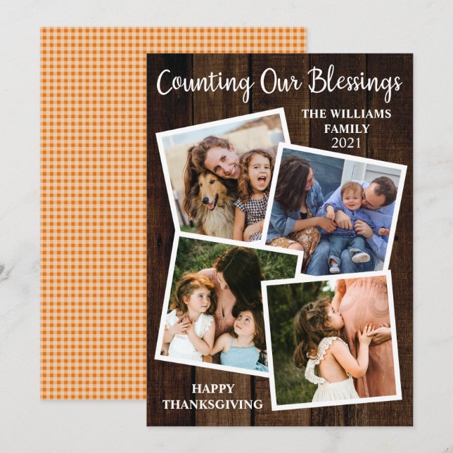 Rustic Thanksgiving räknar vår välsignelse 4 foto Julkort (Fram/baksida)