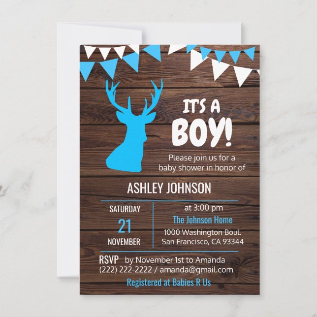 Rustic Theme Buck Blue BOY Baby Shower-inbjudninga Inbjudningar (Framsida)
