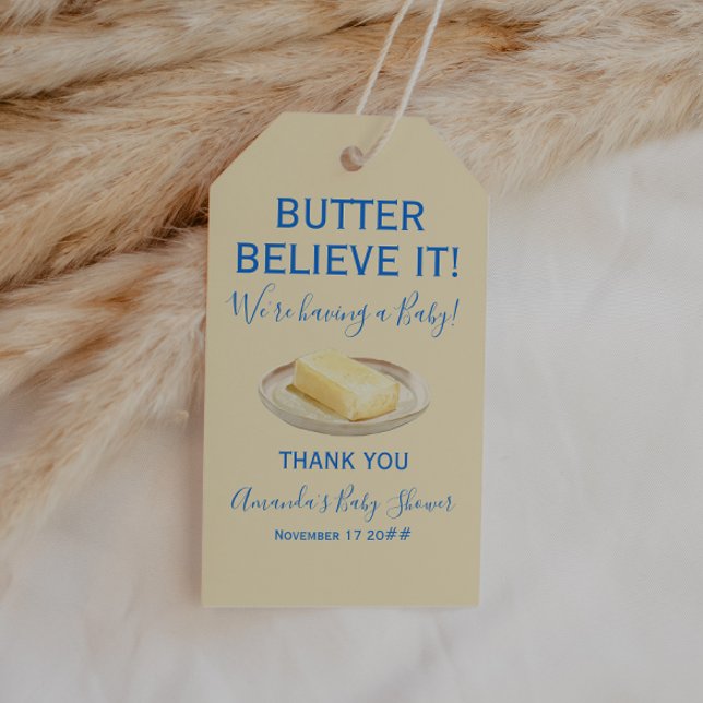 Rustic Theme Butter Yellow Blue Baby Shower  Presentetikett (Skapare uppladdad)