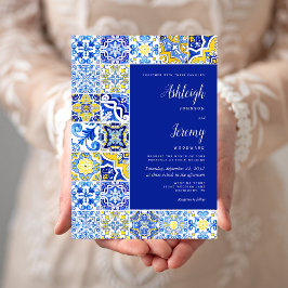 Rustic Tile Blue Gult White Bröllop Inbjudningar