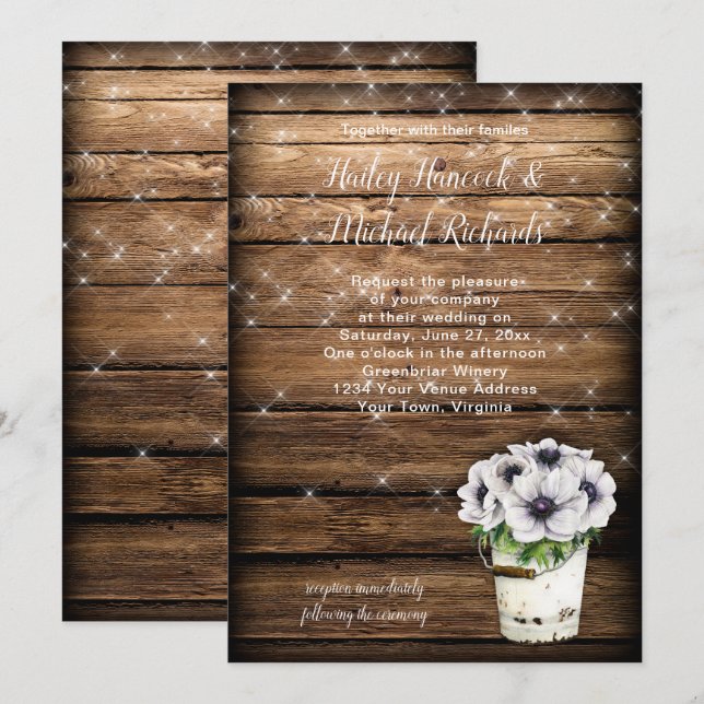 Rustic Tin Bucket Anemones Sparkles-inbjudan Inbjudningar (Fram/baksida)