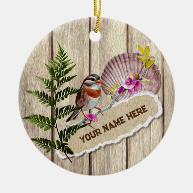 Rustic Torn Papper Wood Oil Paint Personalize Namn Julgransprydnad Keramik (Framsidan)