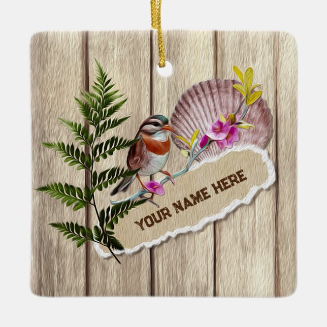 Rustic Torn Papper Wood Oil Paint Personalize Namn Julgransprydnad Keramik (Framsida)