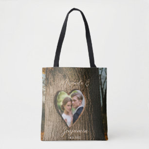 Rustic Träd Bark Heart Photo Bröllopsfest Gift Tygkasse
