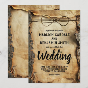 Rustic Träd Bark Vintage Parchment Papprare Bröllo Inbjudningar