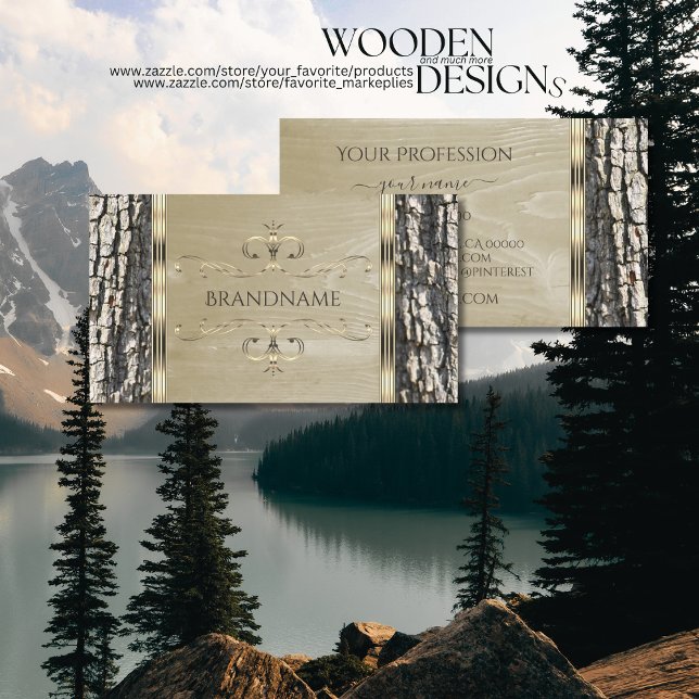 Rustic Träd Bark Wood Grain och Guld Ornate Gräns Visitkort (Skapare uppladdad)