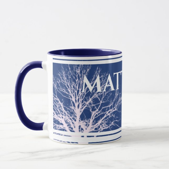 Rustic Träd Blue Personlig Namn Mugg  (Vänster)