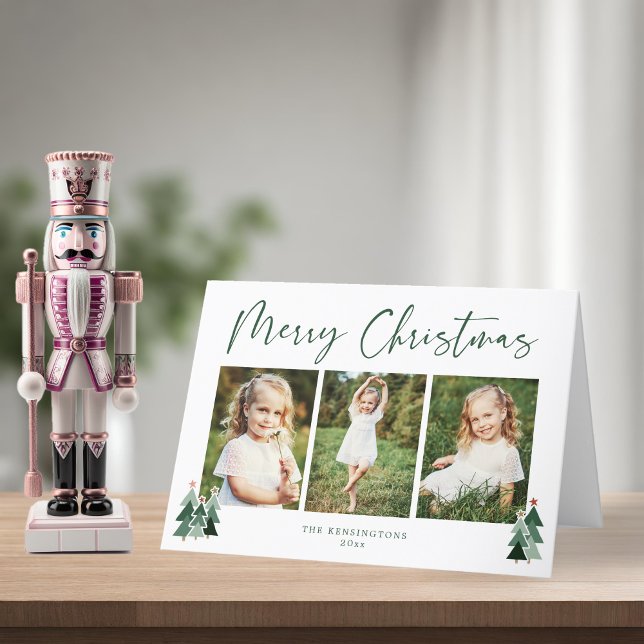 Rustic Träd Grönt jul Helgdag 3 Foto Helgkort (Rustic Trees Green Christmas Holiday 3 Photo Card)