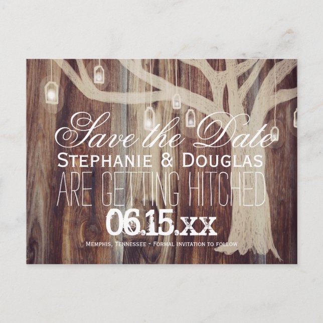 Rustic Träd Ljus Wood Save Date Postcard Meddelande Vykort (Framsida)
