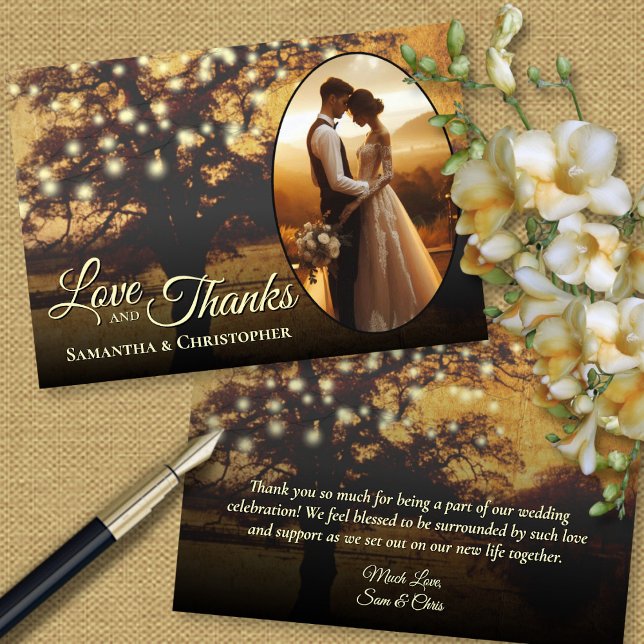 Rustic Träd med Ljus Photo & Note Bröllop Tack Kort (Front/Back)