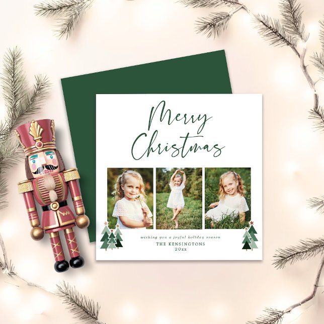 Rustic Träd Modern jul Helgdag 3 Foto Julkort (Rustic Trees Modern Christmas Holiday 3 Photo Square Card)