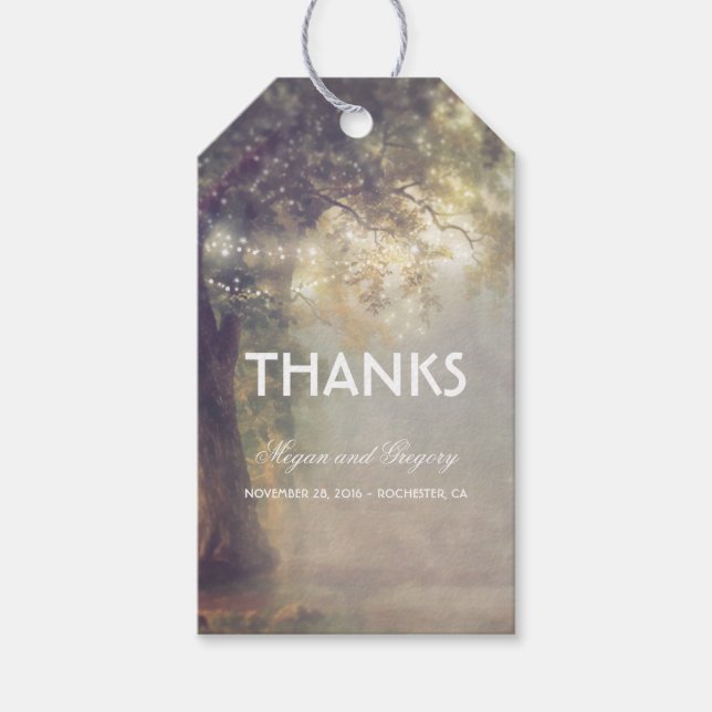 Rustic Träd och String Ljus Dreamy Bröllop Presentetikett (Framsidan)