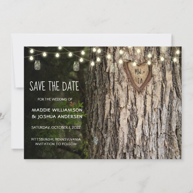 Rustic Träd Photo Save Date | STRING LJUS Spara Datumet (Framsida)