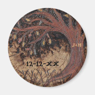 Rustic Träd-pyrografi Spara datumbröllopsfavorit Magnet