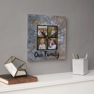 Rustic träd-ring, nödrad trämåda, träd fyrkantig klocka