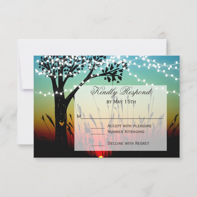Rustic Träd String Ljus Sunset Bröllop OSA Card (Framsida)