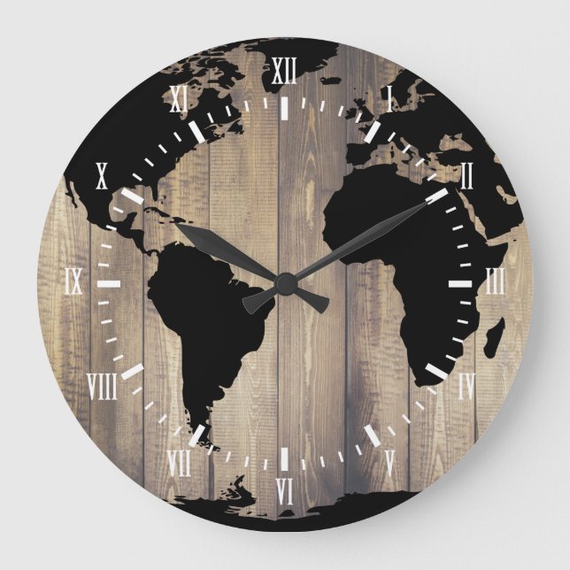 Rustic Traveler Black World Map Wooden Planks Stor Klocka (Framsida)