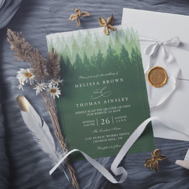 Rustic Trees Pine Forest  Elegant QR Code Wedding Inbjudningar (Skapare uppladdad)