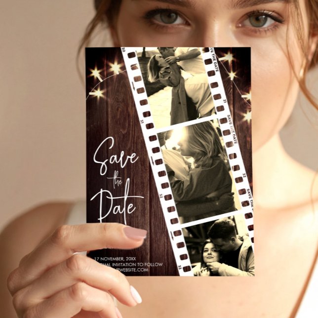 Rustic trendig fotobåge spara datuminbjudan datumet (Film Strip Photo Booth Save the Date Wedding Card, Rustic Wedding Invite)