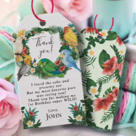 Rustic Tropical baby Vild Parrots Boys Birthday Presentetikett