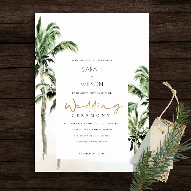 Rustic Tropical Beach Palm Trees Wedding Invite Tack Kort (Skapare uppladdad)