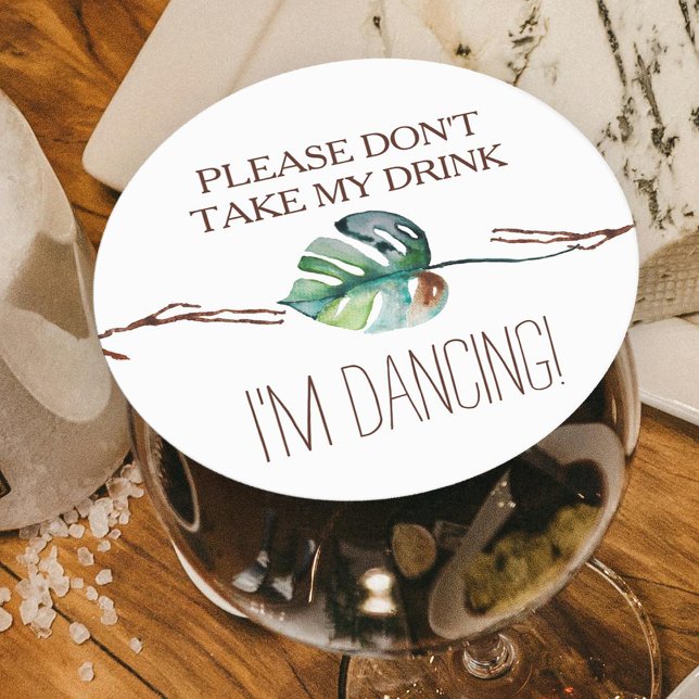 Rustic Tropical Brown Grönt Monstera Monstera Löv Underlägg Papper Rund (rustic tropical monstera leaf green wedding "please don't take my drink i'm dancing" drink topper)