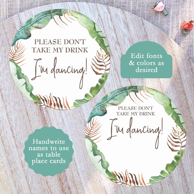 Rustic Tropical Brown, Grönt Place Card Namn brick Underlägg Papper Rund (rustic tropical island green leaves, banana leaves "don't take my drink, I'm dancing" drink covers)