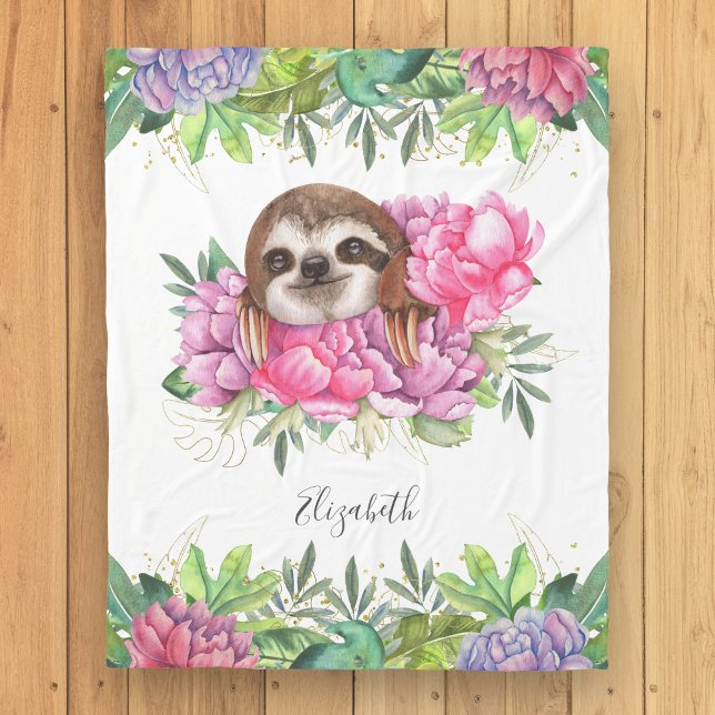 Rustic Tropical Cute Blommigt Adsible Sloth Fleecefilt (Skapare uppladdad)