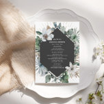 Rustic Tropical Handflatan Lövs Beach Wedding Menu Meny<br><div class="desc">Rustiskt strandtema med handflatan löv och vita blommigtar runt mörkens grått-geometriska utformning.</div>
