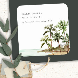 Rustic Tropical Handflatan Träd Beach Sand Bröllop Underlägg Papper Kvadrat