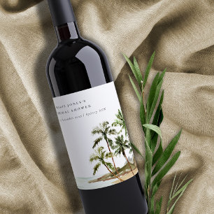 Rustic Tropical Handflatan Träd Beach Sand Möhippa Vinflaska Etikett