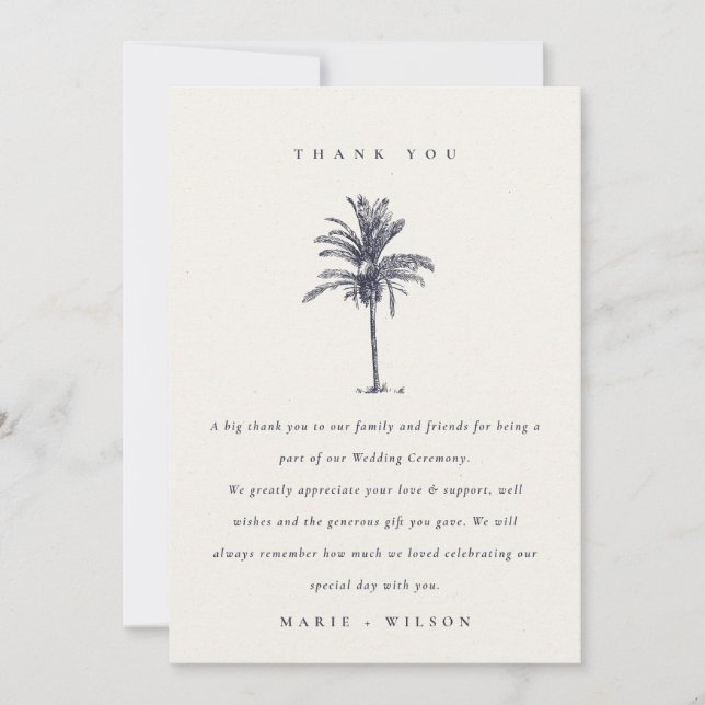Rustic Tropical Handflatan Träd Navy Kraft Bröllop Tack Kort (Framsida)
