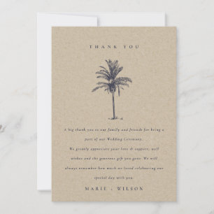 Rustic Tropical Handflatan Träd Navy Kraft Bröllop Tack Kort