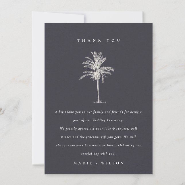 Rustic Tropical Handflatan Träd Navy Kraft Bröllop Tack Kort (Framsida)
