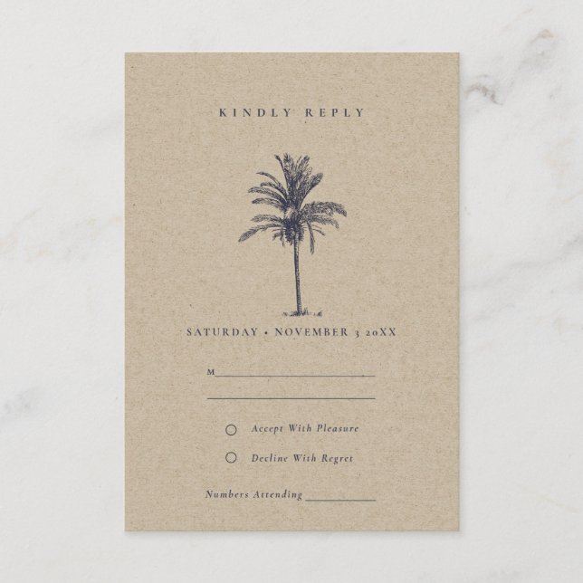 Rustic Tropical Handflatan Träd Navy Kraft Bröllop Tilläggskort (Framsida)