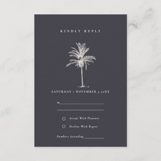 Rustic Tropical Handflatan Träd Navy Kraft Bröllop Tilläggskort (Framsida)