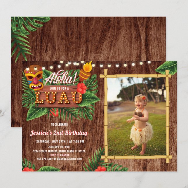 Rustic Tropical Luau Photo Birthday-inbjudan Inbjudningar (Fram/baksida)