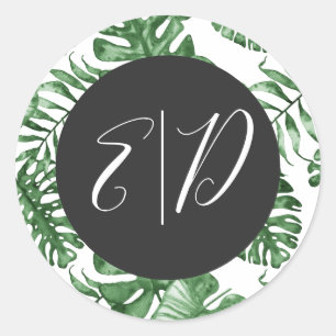 Rustic Tropical Nature Botanical Grey Bröllop Runt Klistermärke