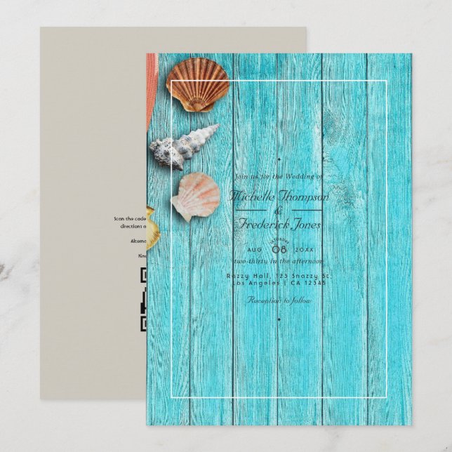 Rustic Turcoise QR Code OSA Beach Wedding Inbjudningar (Fram/baksida)