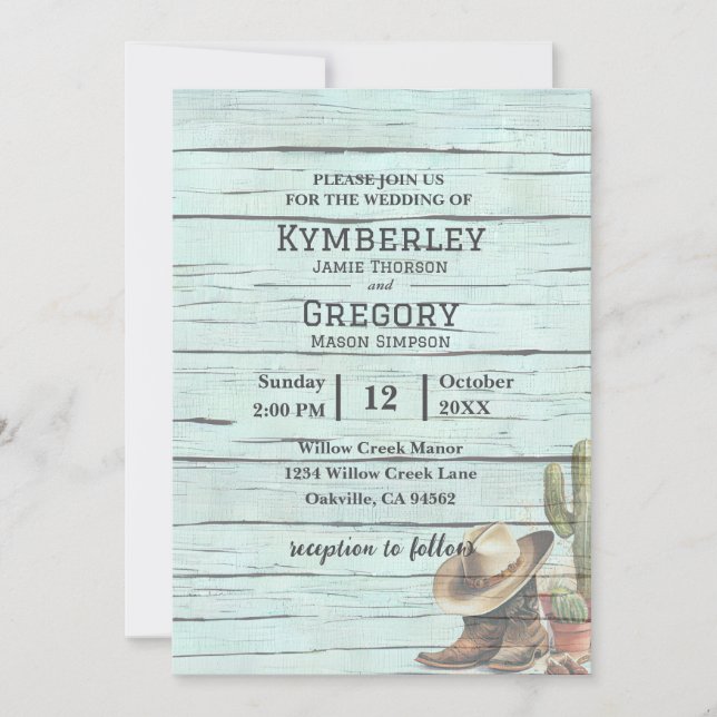 Rustic Turcos Land Westerna Boots Hat Inbjudningar (Framsida)