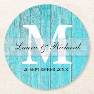 Rustic Turcos Wood Landsbyggsbröllop Monogram Underlägg Papper Rund