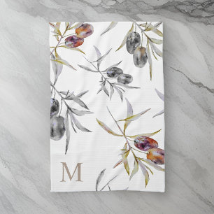 Rustic Tuscan Watercolor Olive Gren Monogram Kökshandduk