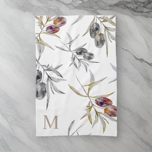 Rustic Tuscan Watercolor Olive Gren Monogram Kökshandduk (Skapare uppladdad)