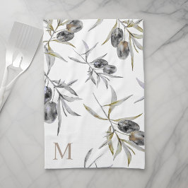 Rustic Tuscan Watercolor Olive Gren Monogram Kökshandduk