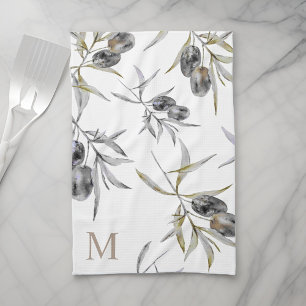 Rustic Tuscan Watercolor Olive Gren Monogram Kökshandduk