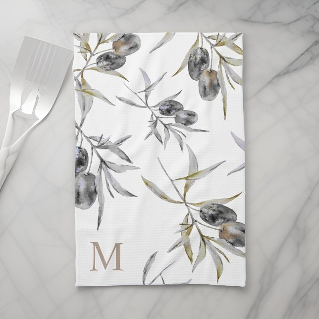 Rustic Tuscan Watercolor Olive Gren Monogram Kökshandduk (Skapare uppladdad)