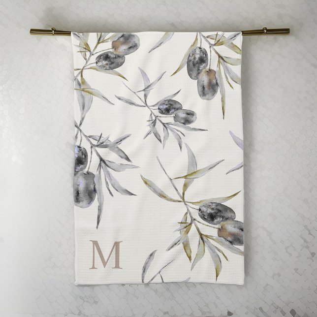 Rustic Tuscan Watercolor Olive Gren Monogram Kökshandduk (Skapare uppladdad)