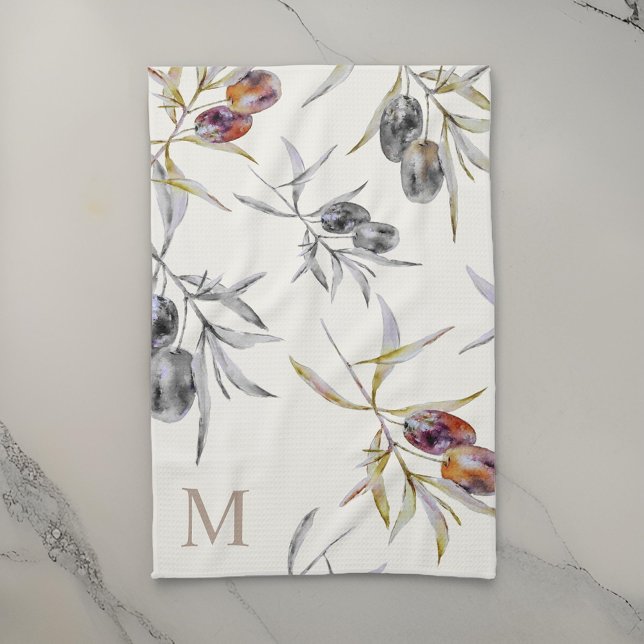 Rustic Tuscan Watercolor Olive Gren Monogram Kökshandduk (Skapare uppladdad)